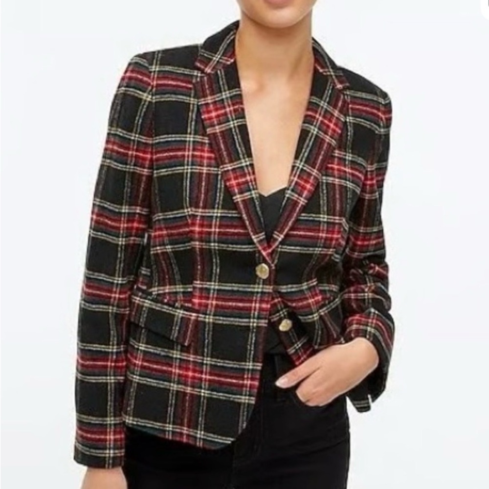J. Crew Black Plaid Blazer with Red and Cream Accents